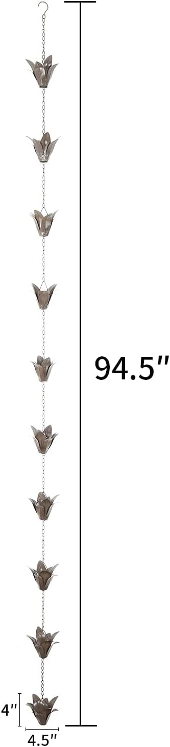 DUSVALLY Rain Chain, 7.88 FT Metal Flower Rain Chain, Functional and Decorative Replacement for Gutter Downspouts, Adjustable, Antique Silver