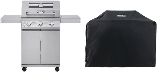 Monument Grills Larger 3-Burner Propane Gas Grills Barbeque Stainless Steel Heavy-Duty Cabinet Style with BBQ Cover (2 Items)