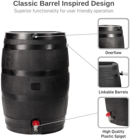 50-Gallon ECO Rain Barrel Made with 100% Recycled Plastic, Flat Back Rain Water Collection Barrel, Stand and Link Kit Included, Black (2 Pack)