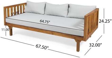 Christopher Knight Home Claremont Patio Sofa and Coffee Table Set, 2 Piece Outdoor Patio Furniture Set with Cushion, Acacia Wood 3 Seater Outdoor Sofa Daybed and Coffee Table Set, Teak+Light Grey
