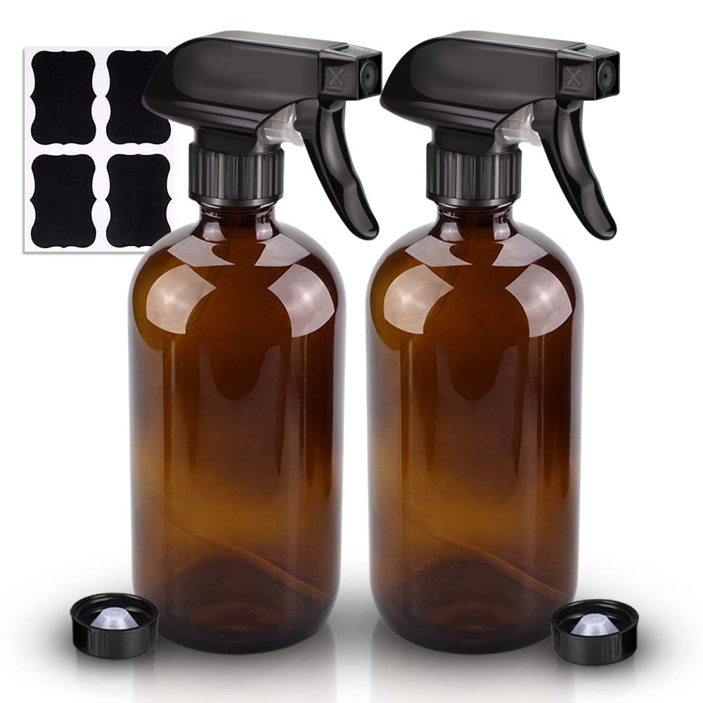 Wedama Amber Glass Spray Bottles, 2 Pack 16 oz Glass Spray Bottles for Cleaning Solutions and Essential Oils, Refillable Empty Spray Bottle with Adjustable Nozzles for Alcohol, Plant and Hair Care
