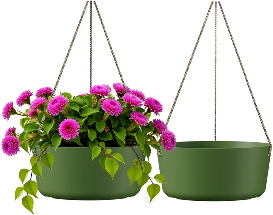 10.7 Inch Hanging Planter for Outdoor Indoor Plants，2 Pack Hanging Flower Pots with Drain Holes for Garden Home Decor Use (Dark Green)
