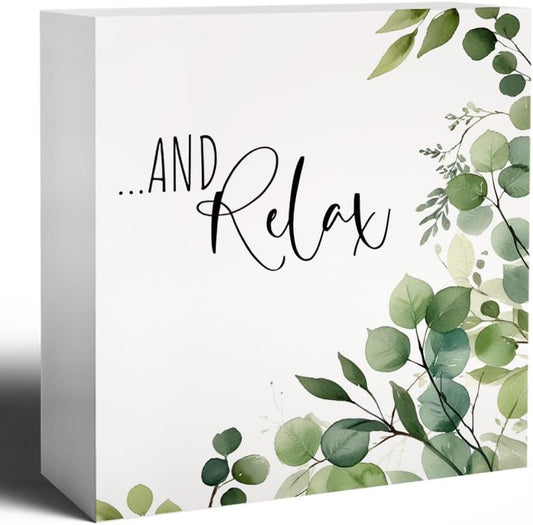 Relax Sign, Funny Bathroom Wooden Box Sign, Eucalyptus Botanical Wood Signs Plaque for Restroom Washroom Toilet Counter Shelf Table Decor, 5x5 Inch