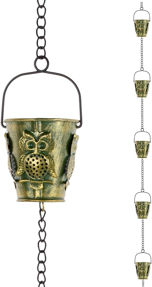 10Ft Rain Chains for Gutters, Metal Rain Catcher Chain for Eaves Drainage, 12 Cups Rain Gutter Chains with Owl Decor, Adjustable Rain Water Chain for Outdoor Decor