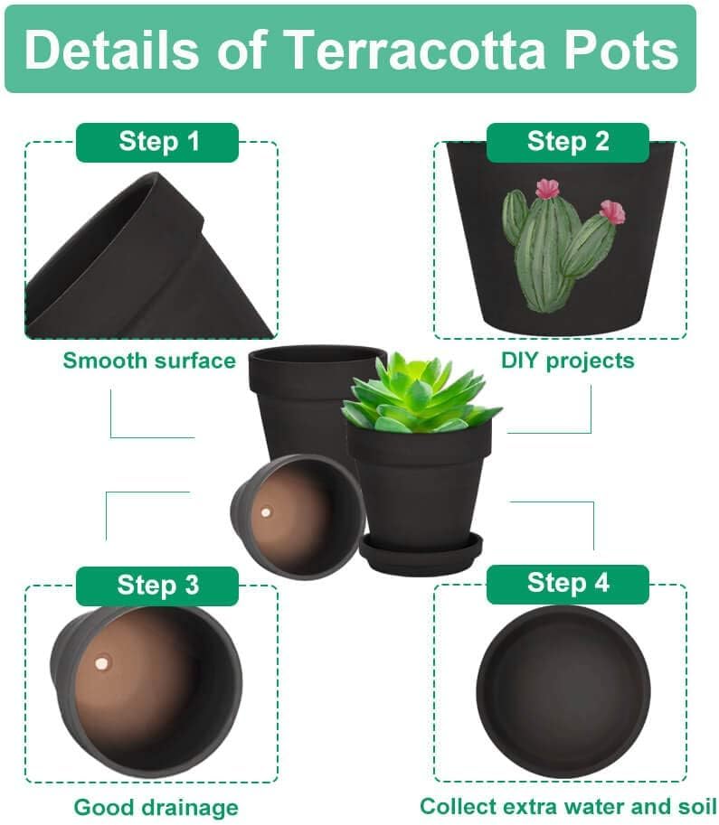 vensovo 6 Inch Black Terracotta & Clay Pots for Plant with Saucer - 4 Pack Medium Terra Cotta Planter with Drainage Hole, Flowerpot for Indoor Outdoor Plants, Crafts, Wedding Favor
