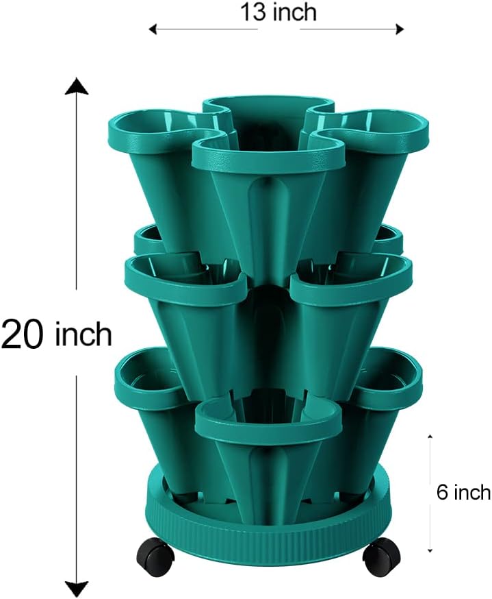 Strawberry Stacking Planters, Vertical Garden Tower, 3 Tiered Stackable Herb Vegetable Planters with Movable Casters and Bottom Saucer Indoor and Outdoor - Hunter Green