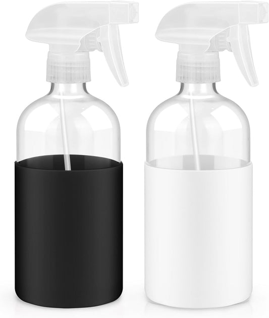 2 Pack Glass Spray Bottles with Silicone Sleeve, 16 oz Empty Refillable Containers with Adjustable Spray Nozzles, Spray Bottles for Hair, Cleaning Solutions and Plants Black&White