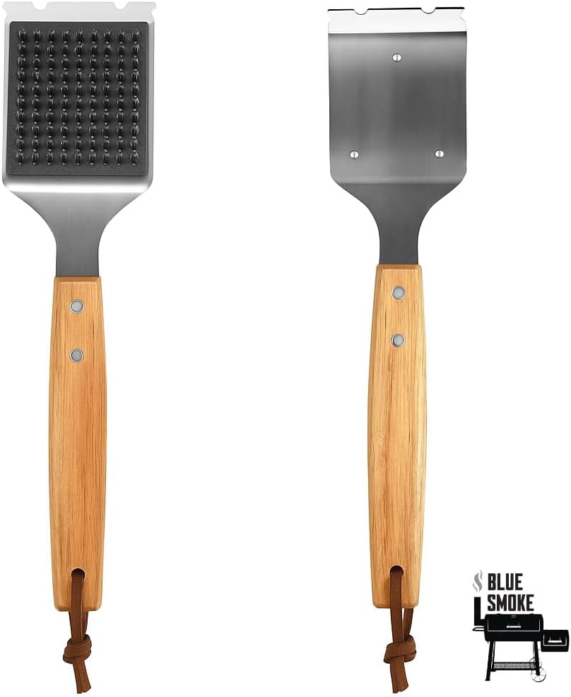 Blue Smoke Grill Brush and Scraper – Heavy Duty BBQ Cleaner with Stainless Steel Bristles, Solid Wooden Handle & Leather Strap – Barbecue Cleaning Tool for Gas, Charcoal, Smoker & Grill Grates