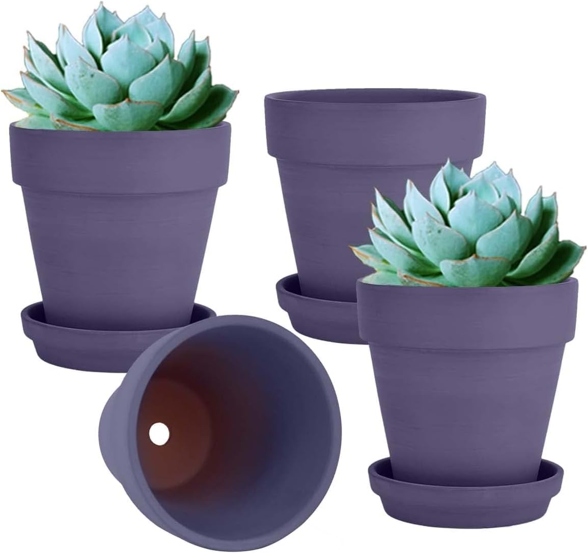 vensovo 6 Inch Purple Terracotta & Clay Pots for Plant with Saucer - 4 Pack Medium Terra Cotta Planter with Drainage Hole, Flowerpot for Indoor Outdoor Plants, Crafts, Wedding Favor