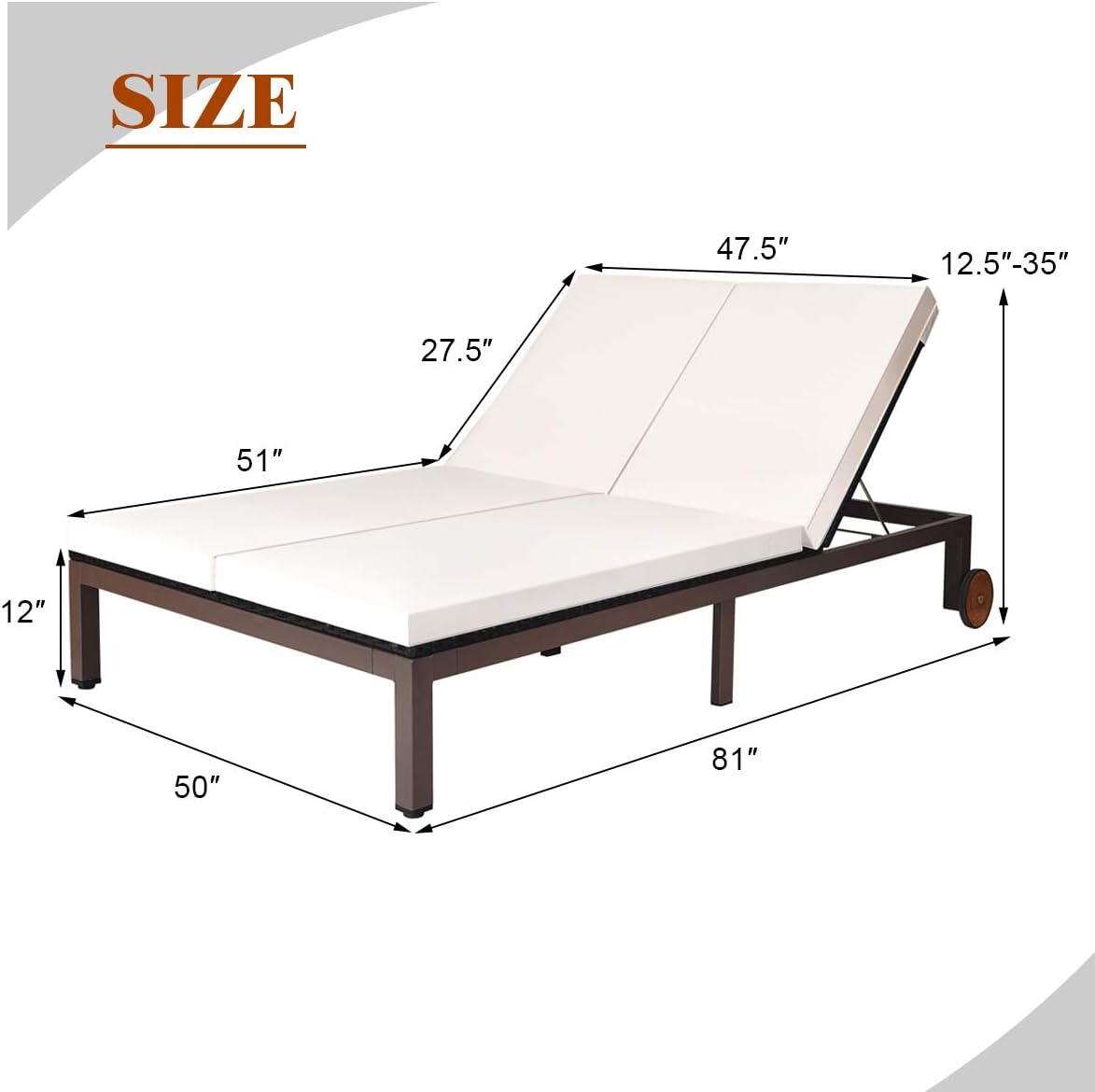 Tangkula 2-Person Patio Lounge Chair, Outdoor Rattan Double Wicker Daybed Chaise with Adjustable Backrest Wheels & Cushion, Loveseat Sofa for Garden Lawn Backyard (Cream)