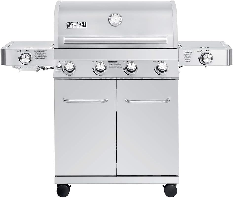 Monument Grills Larger 4+2 Burner Propane Gas Grills Stainless Steel Cabinet Style with Side & Side Sear Burners, Built-In Thermometer, and Knob Controls