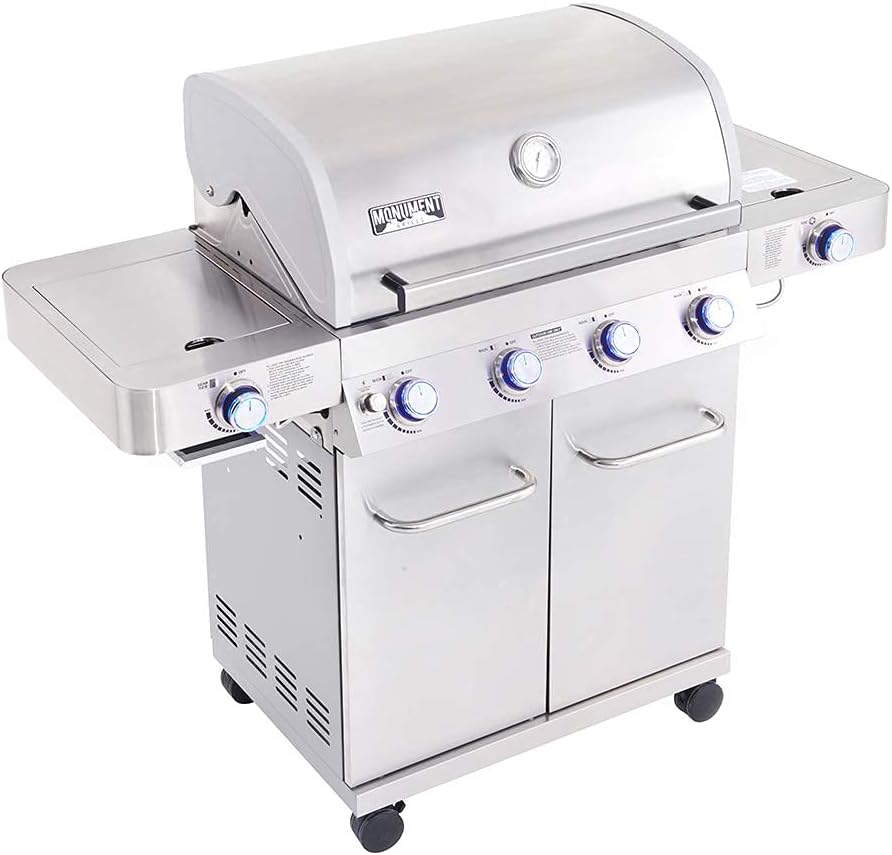 Monument Grills Larger 4+2 Burner Propane Gas Grills Stainless Steel Cabinet Style with Side & Side Sear Burners, Built-In Thermometer, and Knob Controls