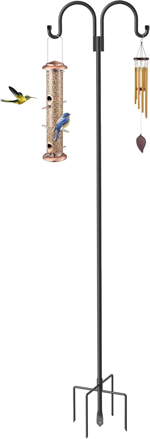 Highpro Double Shepherd Hooks for Outdoor, 95 Inch Heavy Duty Bird Feeder Pole for Hanging Bird Feeder, Garden Hooks Plant Baskets, Garden Plant Hanger Stands with 5 Prong Base
