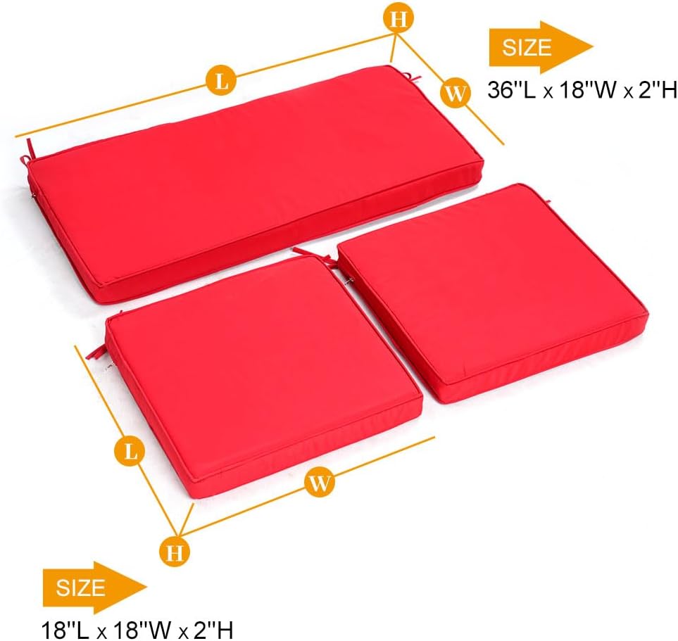 3-Pack Outdoor Patio Furniture Replacement Cushions Set–High-Elastic Sponge Cushions Fit 4-Piece Wicker Rattan Sofa, Loveseat & Chairs, 36x18x2 & 18x18x2, Waterproof, Fade-Resistant (Wine red)