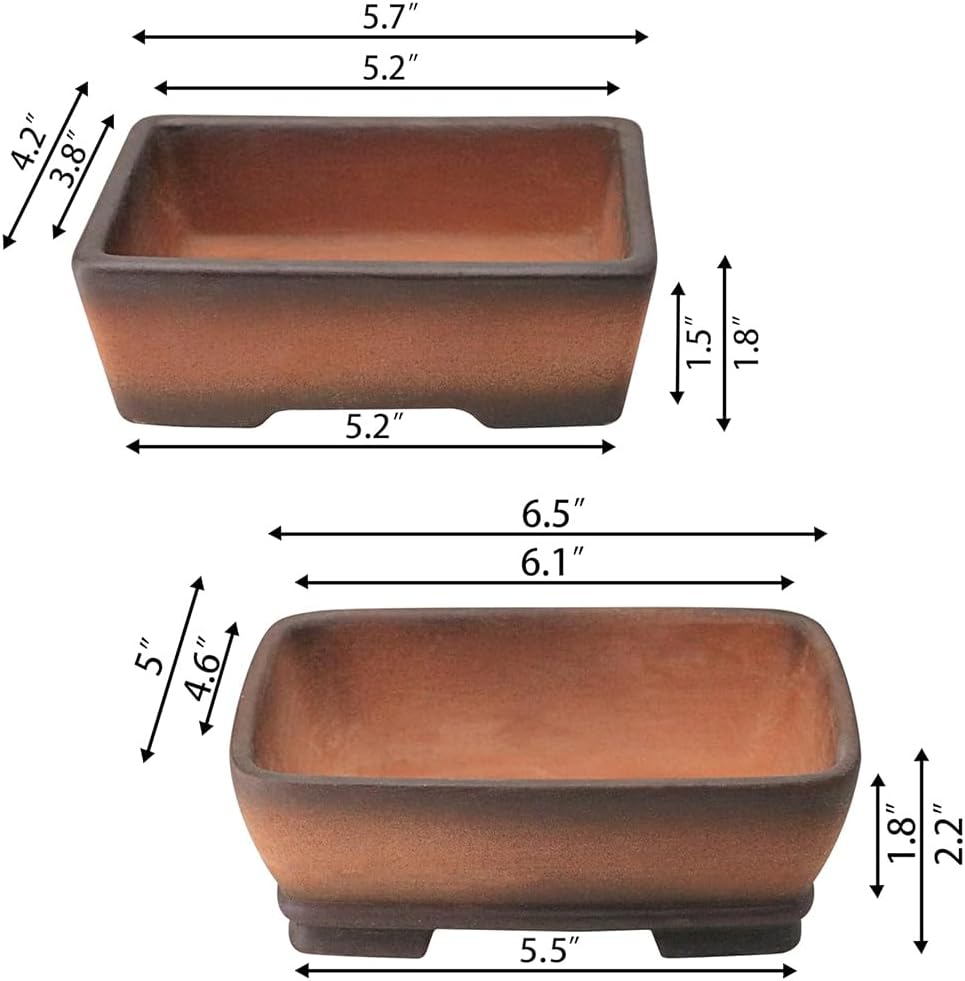 MUZHI 2 Pack Handmade Color Gradational Terracotta Bonsai Pot 5 Inch and 6 Inch with Drip Tray, Breathable Unglazed Rectangle Ceramic Planter for Tree Succulent Cactus