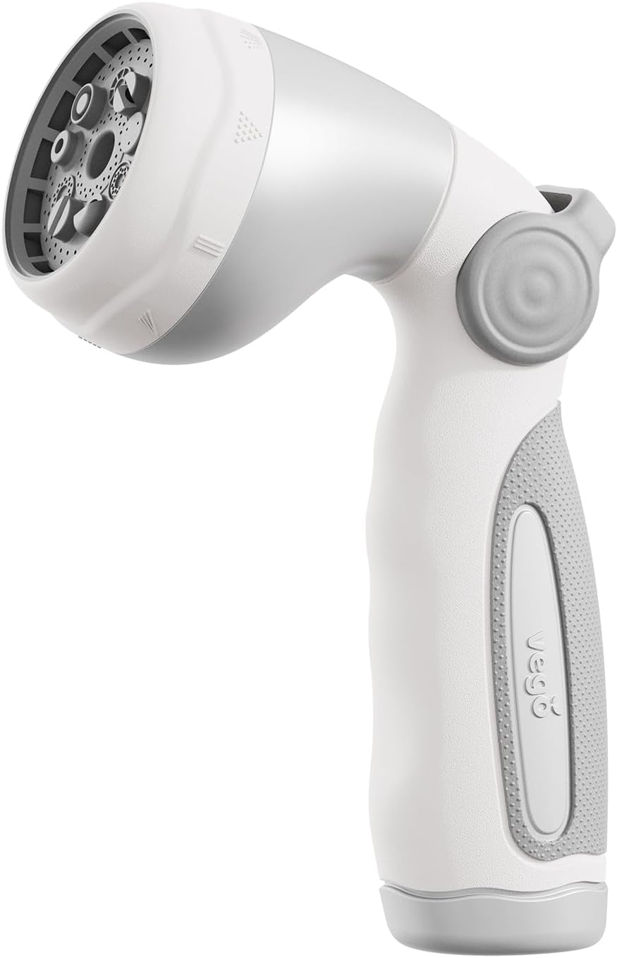 Vego Garden Hose Nozzle - 9 Spray Patterns, Metal, Thumb Control, On/Off Valve, High Pressure Heavy Duty Water Hose Spray Nozzle for Gardening, Lawn Care, and Cleaning Tasks-Cloud White