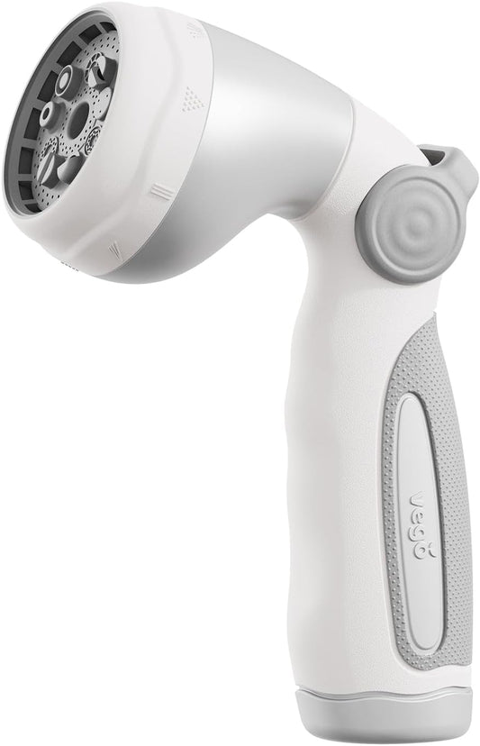 Vego Garden Hose Nozzle - 9 Spray Patterns, Metal, Thumb Control, On/Off Valve, High Pressure Heavy Duty Water Hose Spray Nozzle for Gardening, Lawn Care, and Cleaning Tasks-Cloud White