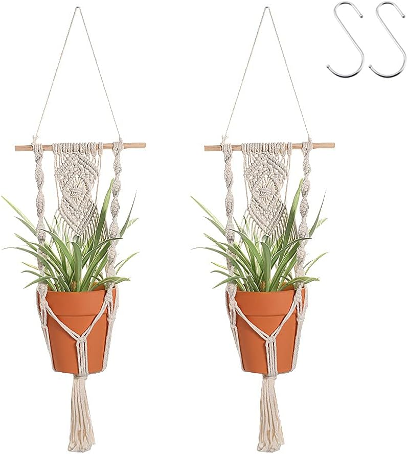 Boho Macrame Plant Hangers - Handmade Hemp Rope Hanging Baskets for Plants with Ceiling Hooks, Bohemian Home Decor Wall Art