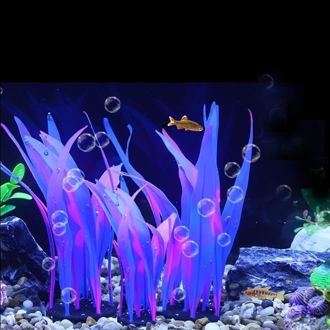 1Pcs Tall Blue Aquarium Decoration Plants Simulation Artificial Water Grass Plastic Fish Tank Decor Plant Silicone Glowing Kelp Ornament Aquarium Accessories Fake Plants,Blue,16.9in