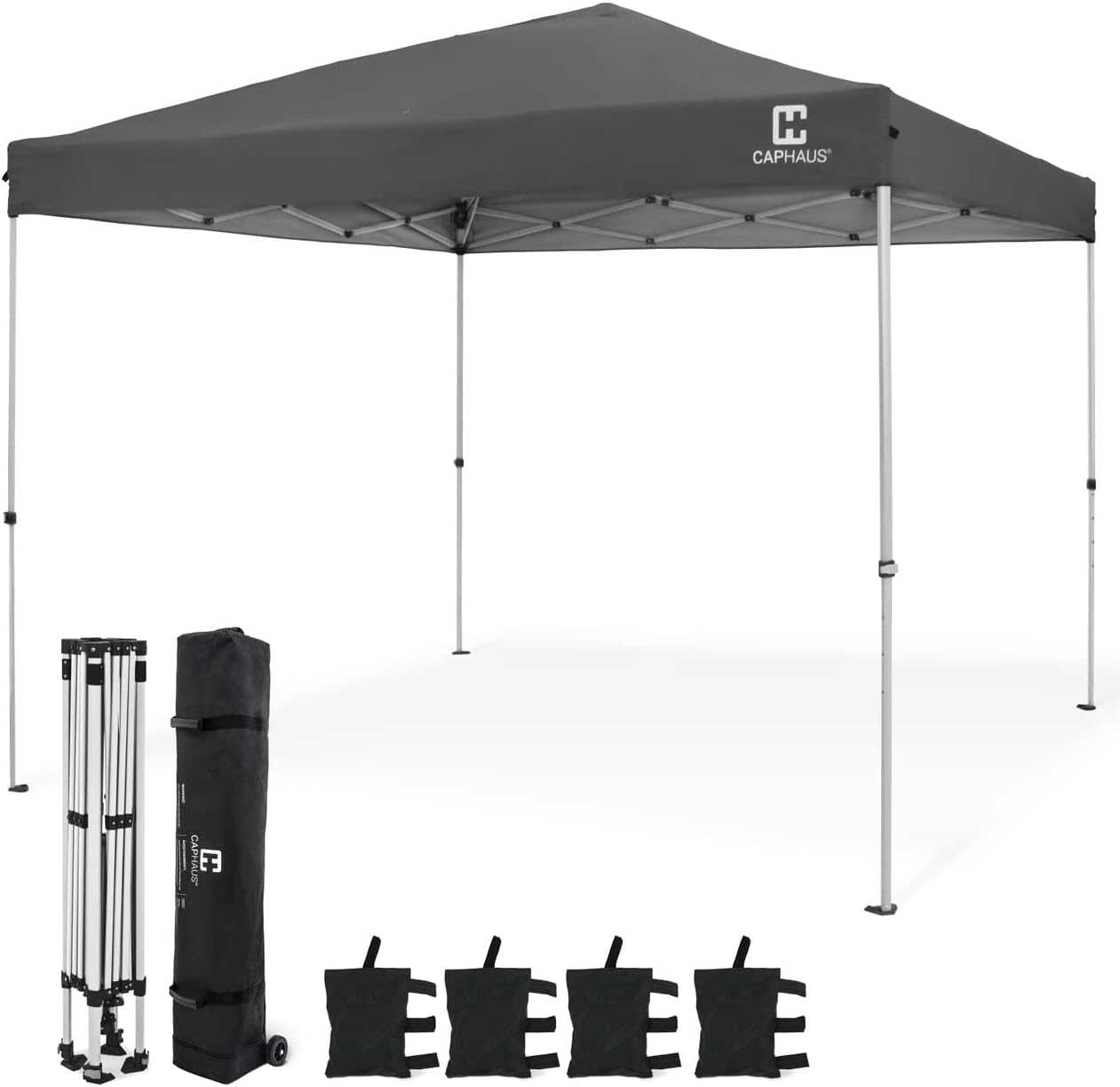 CAPHAUS Patented One-Push Pop Up Outdoor Canopy Tent, Heavy-Duty Commercial Grade w/Central Lock, Portable and Instant Folding Shelter with Wheeled Carry Bag and Weight Bag, 10ft x 10ft, Dark Grey