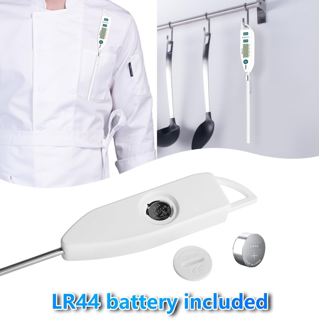 BOMATA Waterproof IPX7 Thermometer for Water, Liquid, Candle and Cooking. Instant Read Food Thermometer with Long Probe for Cooking, Meat, BBQ! T101 White