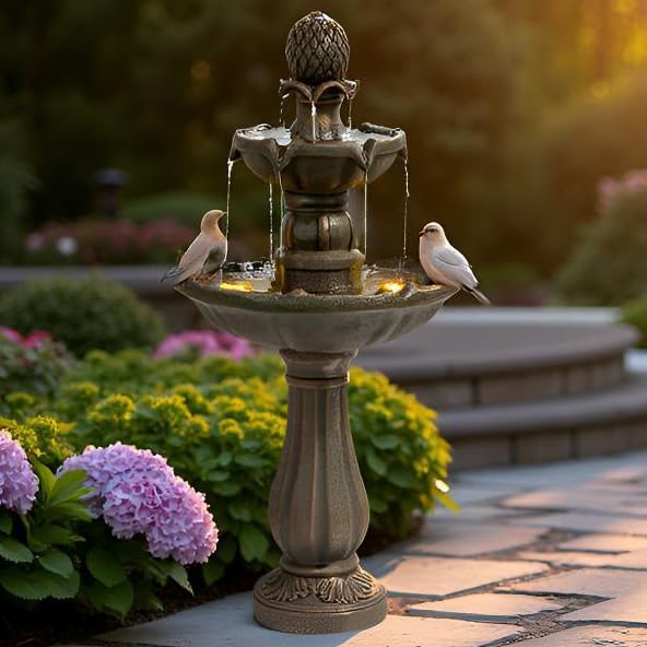 3 Tiers Outdoor Water Fountain–42.2 in. Tall Large Floor-Standing Outside Fountains with Elegant Waterfall Feature for Garden, Yard, Patio, Home Decor (Bronze Color)