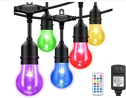 Auroraworld Outdoor Patio Lights Color Changing,48FT RGB LED String Lights with E26 Shatterproof Edison Bulbs, Dimmable Patio String Lights for Bistro Backyard Garden, 1 Remote Controllers