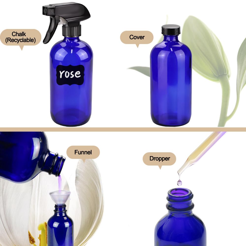 Glass Spray Bottle Kit×10 (2×16 oz, 2×4 oz, 6×2 oz), 9×10 ml Roller Bottles, Anti UV, Multi Size and Versatile, Suitable for Aromatherapy, Facial Moisturizing, Watering, etc.(Blue