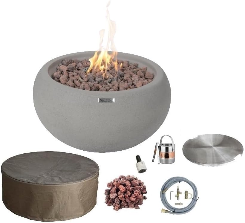 AMS Fireplace | Modeno Newbridge Package | Light Gray Natural Gas Fire Pit Table for Outside Patio Bundle with SS Burner Lid | Free Ice Bucket