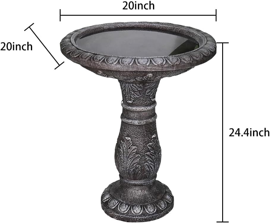 SunJet 24.4” H x 20” Dia Outdoor Birdbath with Intricate Floral Carvings Pedestal - Fibre Reinforced Concrete Birdbaths, Vintage Design for Garden Decor & Bird Attraction