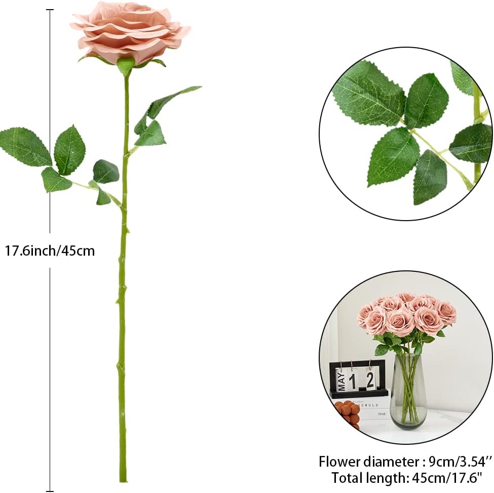 Artificial Rose 10pcs Open Flower Bouquet Faux Rose Stems for Wedding Arrangement, Bridal Bouquet, Centerpiece, Fake Faux Silk Flowers (Light Dusty Rose)