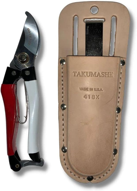 Professional Garden Pruners & Takumashii Leather Pruner Holster Kit, red, white, brown, (SD505KIT)