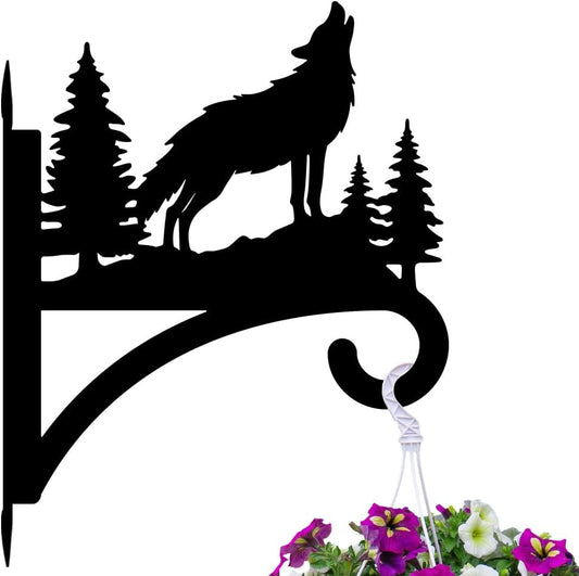 Peacoblue Iron Plant Hangers Hooks for Outdoor Indoor Hanging Plant Flower Fern Pots Lantern Bird Feeder,12"x15" Weather Resistant Metal Wall Holder for Porch Garden Farmhouse(Howling Wolf and Forest)