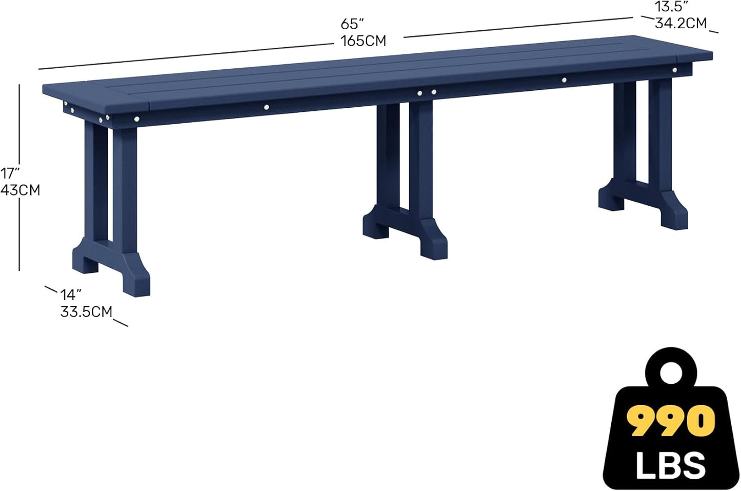 Outdoor Benches Weatherproof, Park Long Bench Poly Lumber Backless for Entryway Front Porch Garden Bench Seat for Patio, Navy Blue