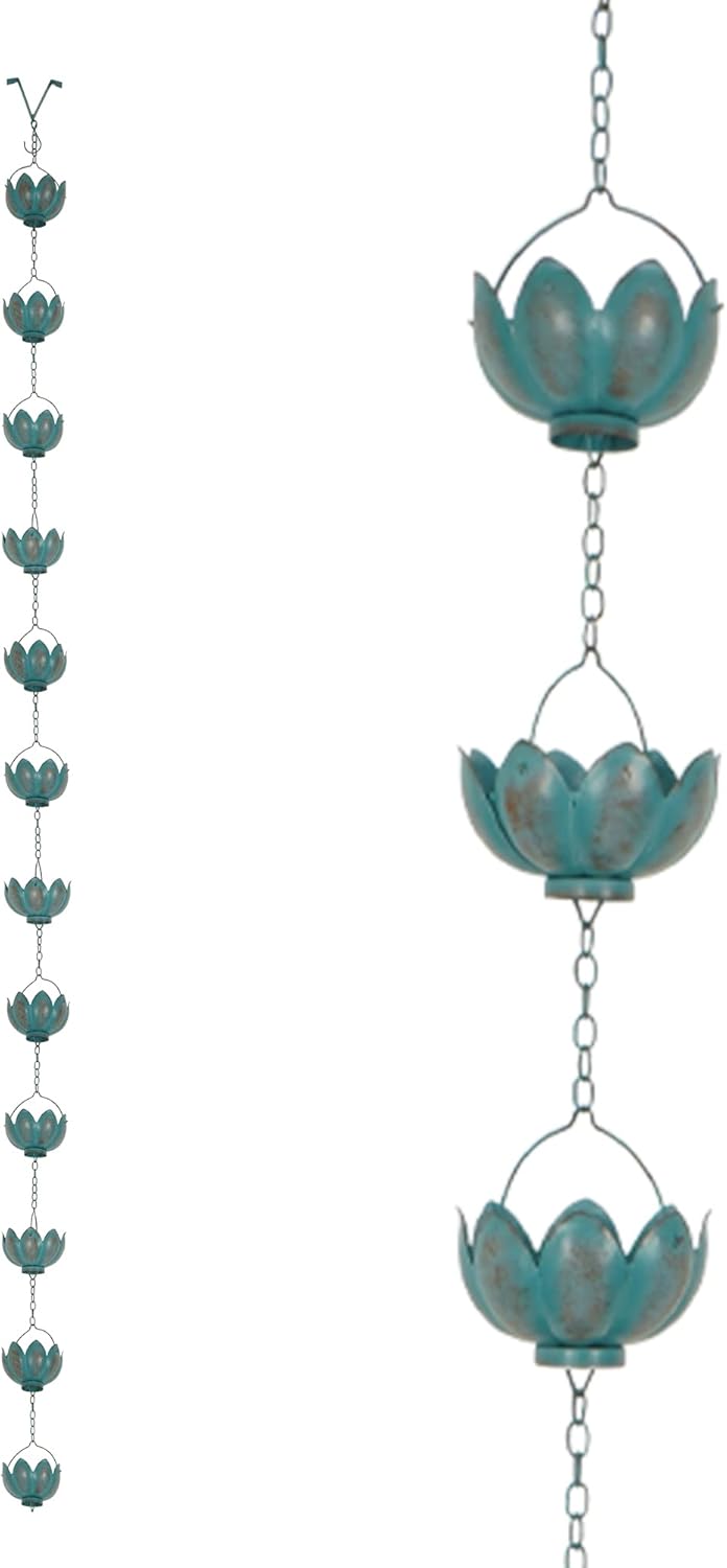 Topadorn 8.5 FT Rain Chain Iron Gutter Chains with 12 Rain Collector Thick Iron Flower Cups Garden Decoration,Lake Blue