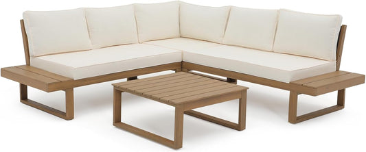 Soleil Jardin 4 Piece Acacia Wood Patio Furniture L-Shaped Outdoor Sectional Sofa Set with Coffee Table, FSC Certified Conversation Set with Built-in Side Table and Cream White Cushions for Garden