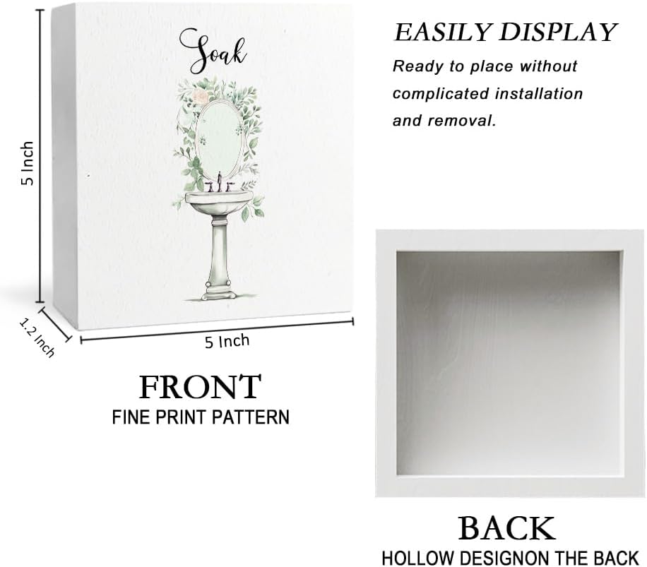 Soak Funny Bathroom Wooden Box Sign, Eucalyptus Botanical Wood Signs for Restroom Bathroom Toilet Half Bath Shelf Counter Decor, 5x5 Inch