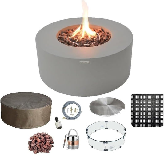 AMS Fireplace | Modeno Tramore Package | Light Gray Natural Gas Fire Pit Table for Outside Patio Bundle with Wind Guard, and SS Burner Lid | Free Ice Bucket & Rubber Mat