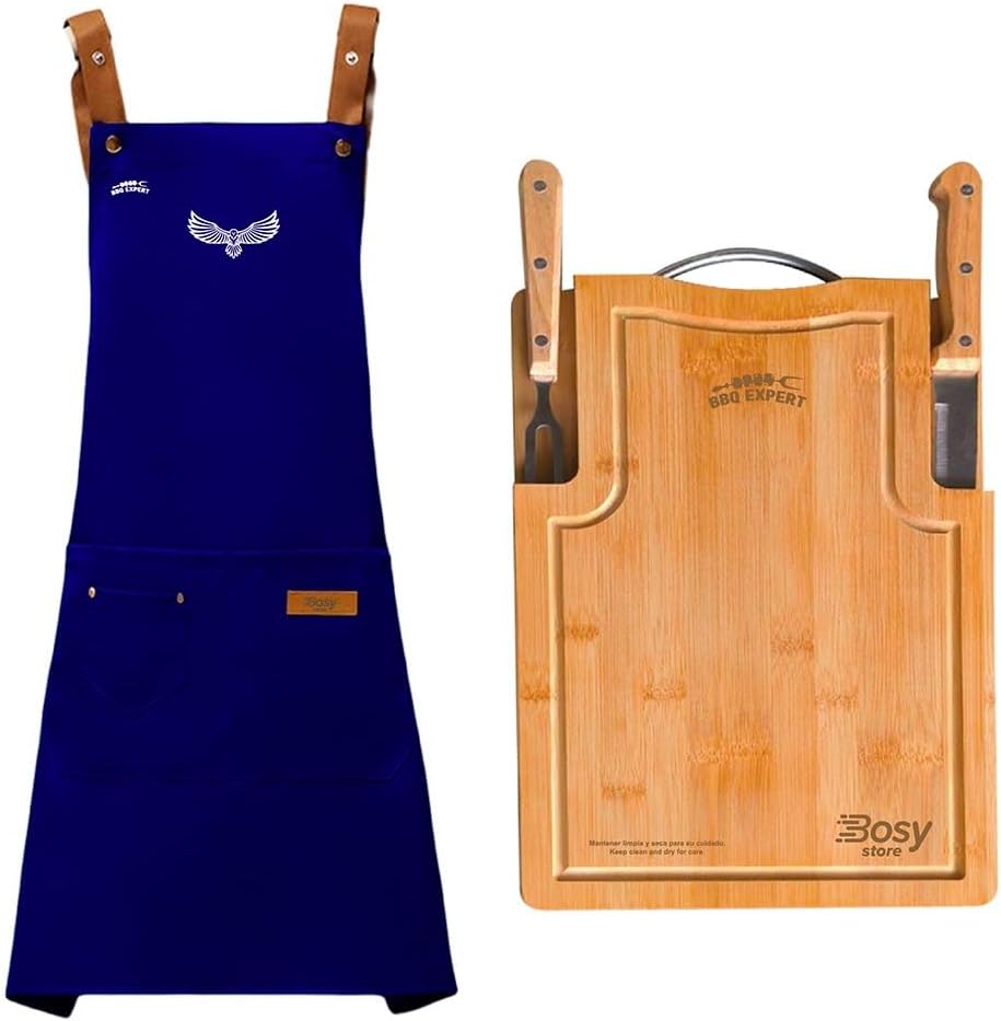 Premium BBQ Accessories & Grill Set with Bamboo Cutting Board, Adjustable Apron, Stainless Steel Knife & Fork.