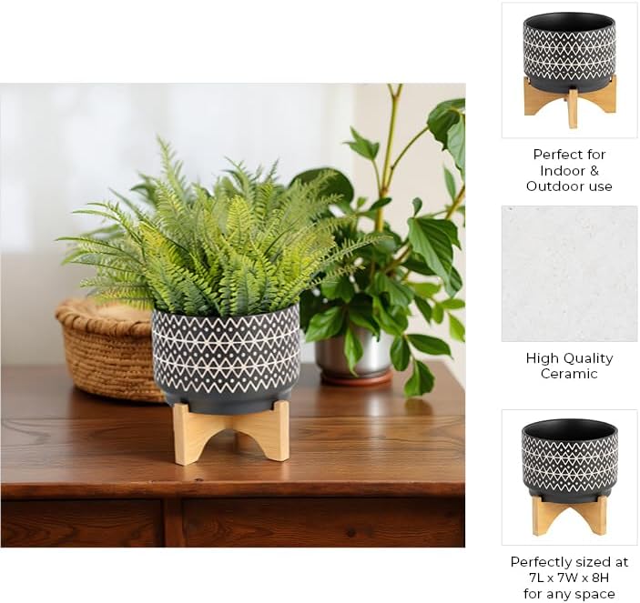 Ceramic Planter with Bamboo Stand – Modern Plant Pot with Geometric Pattern – Durable Stoneware Plant Holder for Indoor & Outdoor Plants – Stylish Boho Home Decor – 8", Black