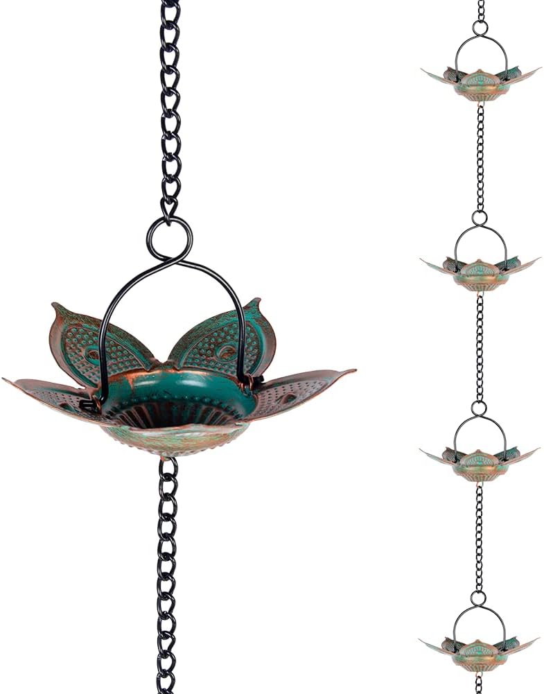 8.3 FT Lotus Rain Chain, Metal Rain Chains for Gutters with 12 Cups, Adjustable Rain Catcher Chain for Eaves Drainage, Replacement for Downspout, Outdoor Decor
