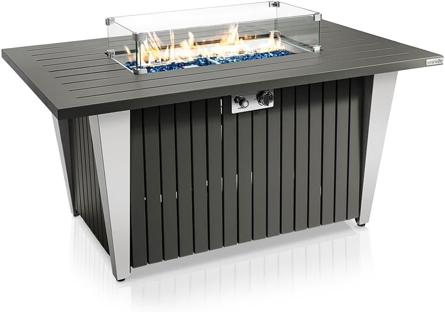 Outdoor Propane Fire Pit Table - CSA/ETL Certified 50,000 BTU Pulse Ignition Weatherproof Rectangle Propane Gas Fire Table w/Adjustable Flame - Glass Rocks Wind Guard, Black - SereneLife SLFPSX55