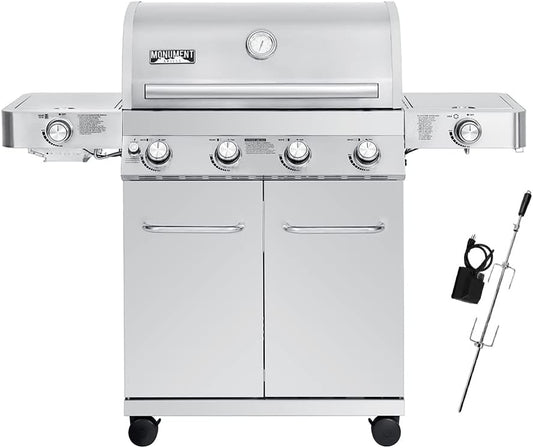 Monument Grills Larger 4-Burner Propane Gas Grills Stainless Steel with Rotisserie Kit(2 Items)