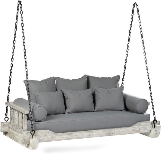 Ash & Ember Grade A Teak Twin Sized Porch Swing with Chain, 75" Wide Antique Finish Teak Wood Bed Frame with Grey Cushions, Weather-Resistant Backyard Benches Swings and Patio Furniture