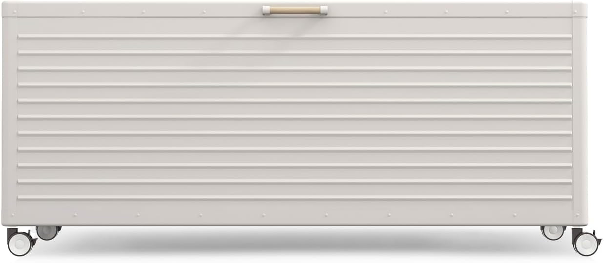 281 Gallon Large Outdoor Metal Deck Box with Wheels, Storage Box with Lid for Patio Furniture, Garden Tools, Outdoor Cushion, Latte