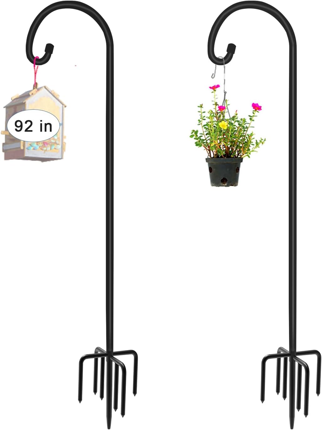 92 inch Outdoor Shepherd Hook with 5 Prong Base (2 Packs), Adjustable Heavy Duty Garden Hanging Stake for Bird Feeder Solar Light Plant Hanger Wedding Decor, Matte Black