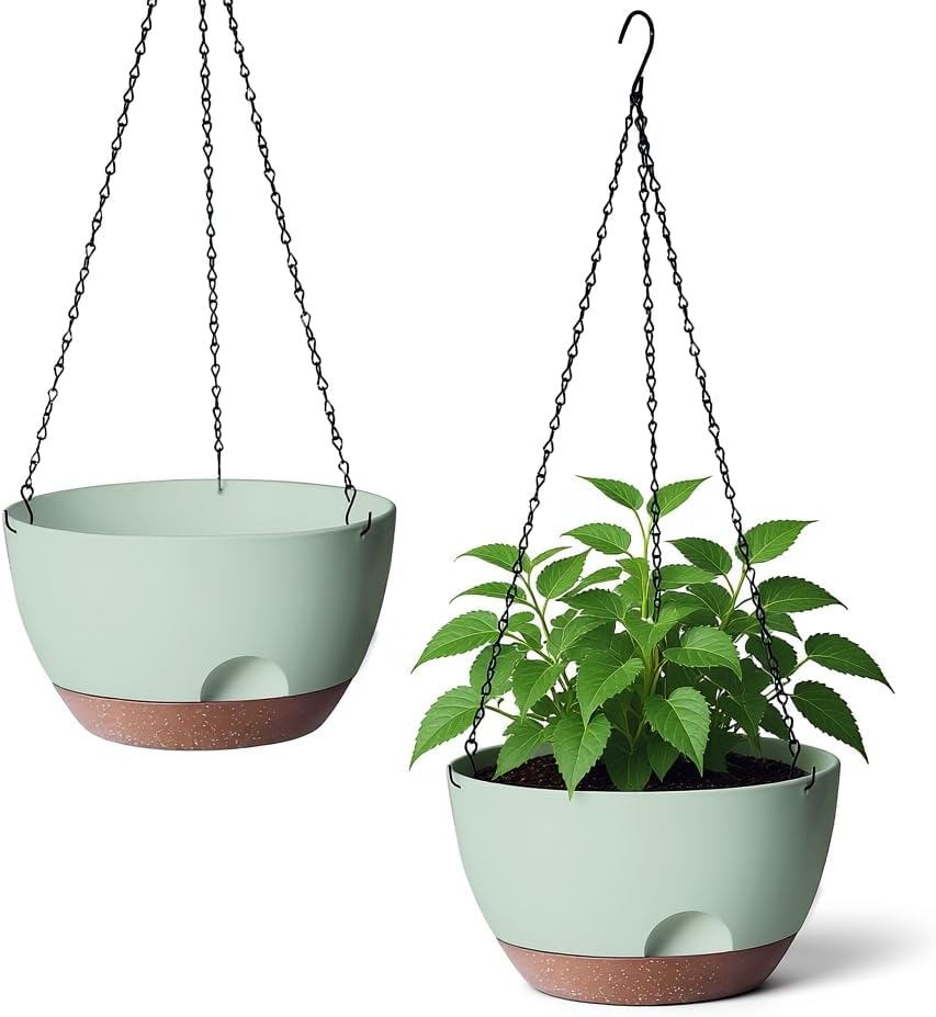 Hanging Planter for Indoor Plants, 10 Inch Self-Watering Hanging Planters with Drainage Holes and Chain, Set of 2 Outdoor Hanging Pots for Garden Home
