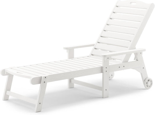 LUE BONA Outdoor Chaise Lounge, 79'' Oversized HDPS Chaise Lounger, 5 Positions Adjustable Lounge Chairs, Pool Lounge Chair with Wheels for Poolside, Backyard, 3 Year Warranty, White