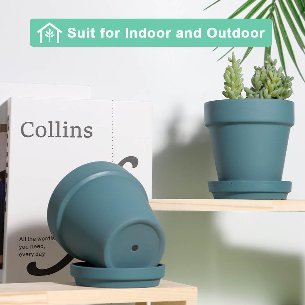 vensovo 6 Inch Steel Blue Terracotta & Clay Pots for Plant with Saucer - 4 Pack Medium Terra Cotta Planter with Drainage Hole, Flowerpot for Indoor Outdoor Plants, Crafts, Wedding Favor