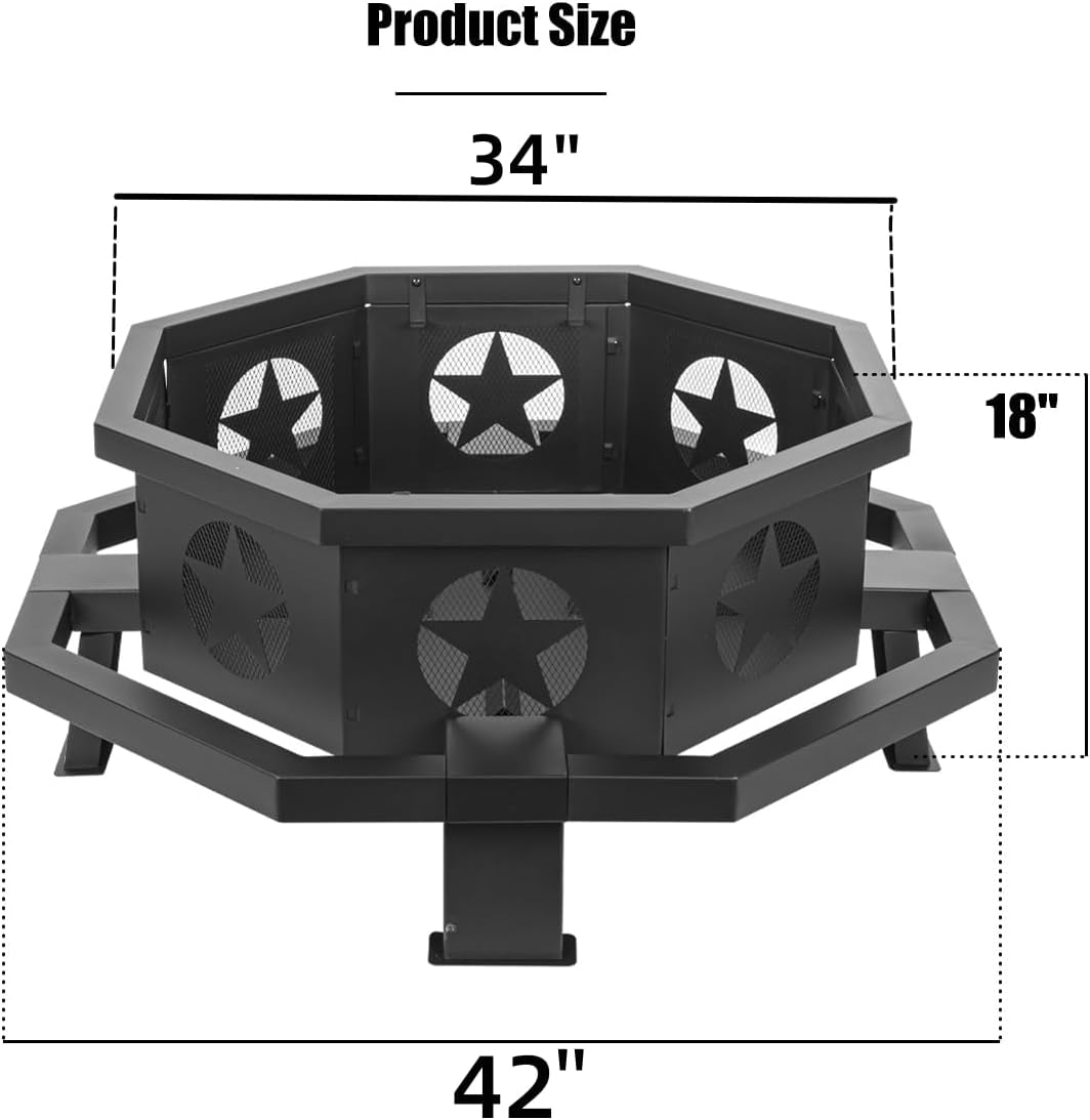 42 inch Fire Pit for Outside, Heavy Duty Wood Burning Fire Pits with Fire Poker, Outdoor Octagonal Firepit for Camping, Yard, Patio